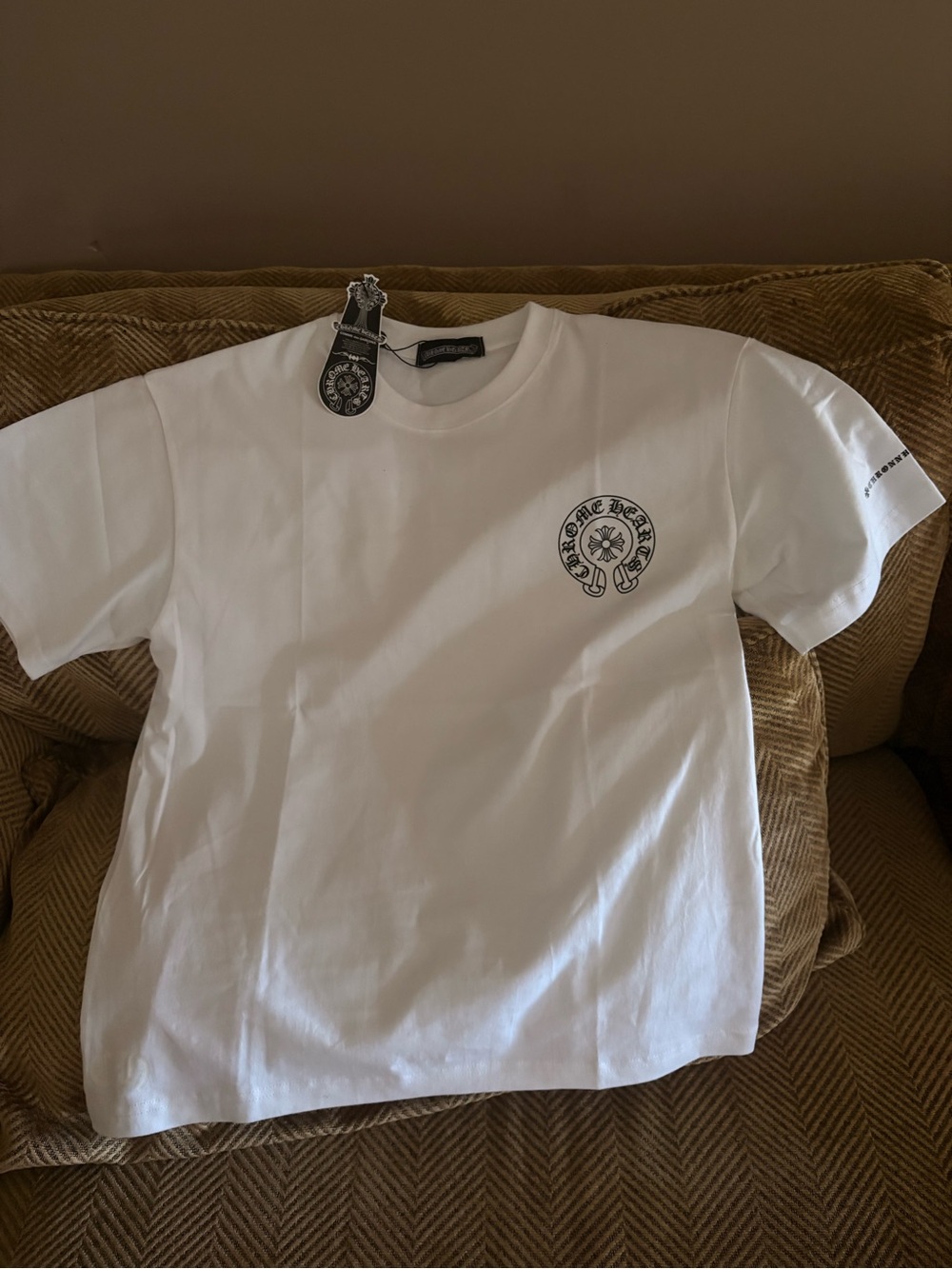 Chrome Hearts White Short Sleeve Tee with Black Chest Emblem
